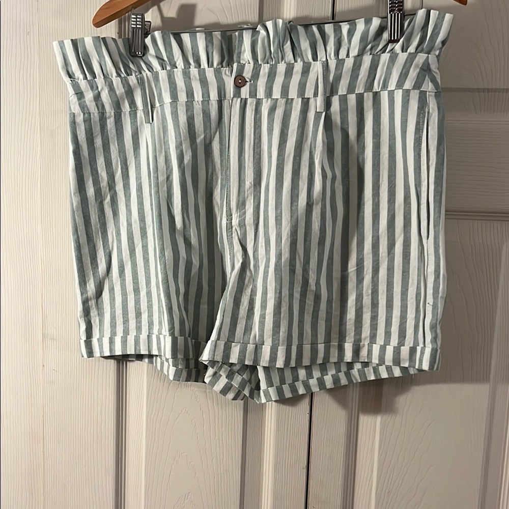 Pink Lily High Waist Green and White Striped Shorts